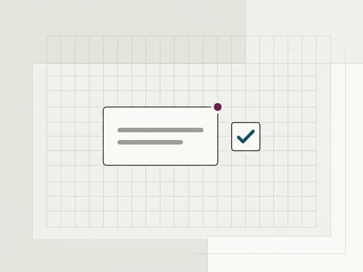 A neutral dialog card with grey lines next to a separate checkmark box showing the brand was named