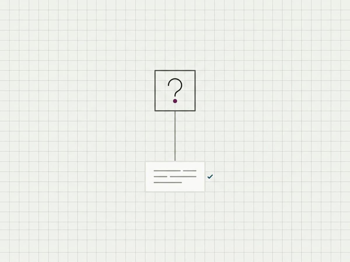 A question mark in a square frame with a short answer card of grey lines lying directly beneath it
