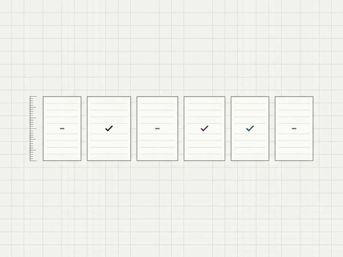 A row of six identical run cards each marked with a tick or a dash, beside a plain unlabeled ruler scale