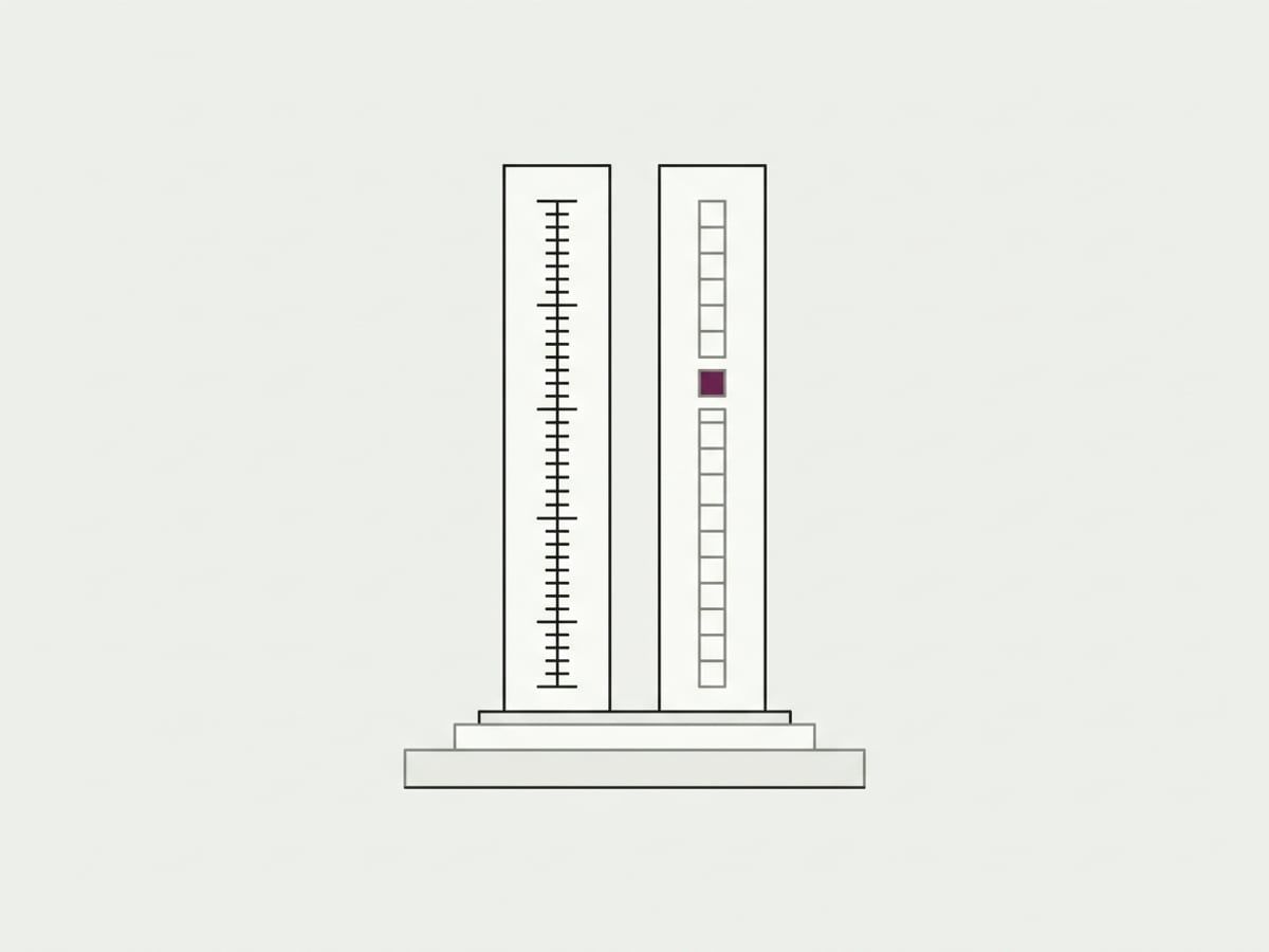 Two tall measuring-scale columns on one shared base: one with a tick-mark gauge, one with a row of cells, one cell highlighted