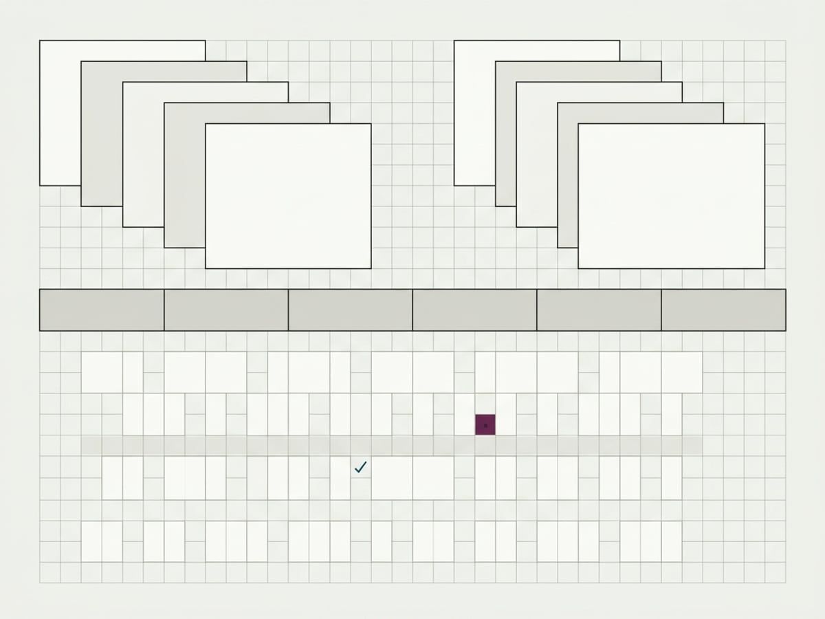 Two groups of identical page cards, test and control, above one shared row of prompt bars and a grid of repeated runs with a pale spread band
